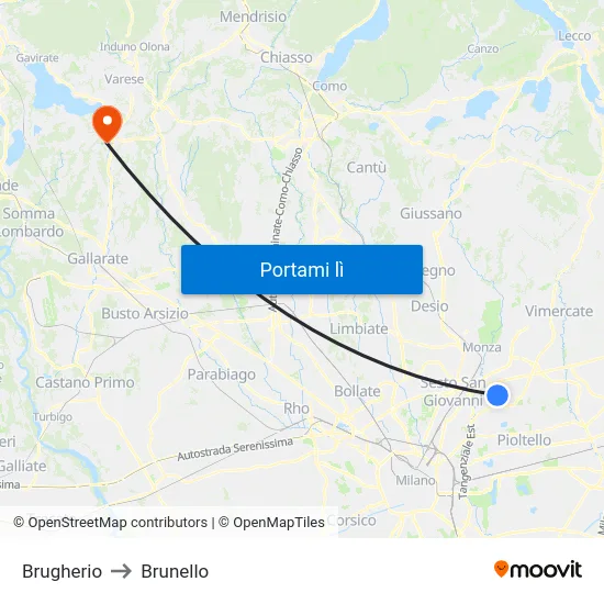 Brugherio to Brunello map