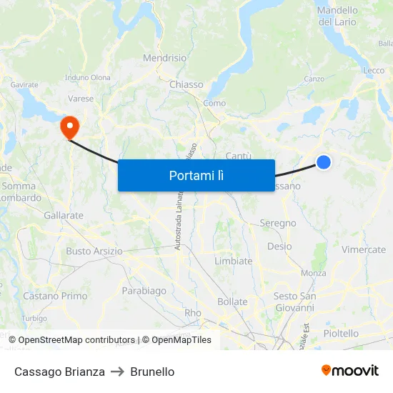 Cassago Brianza to Brunello map