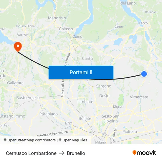 Cernusco Lombardone to Brunello map