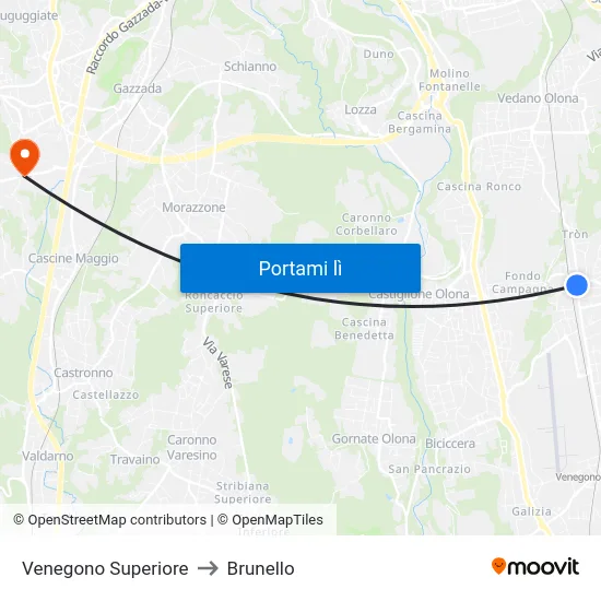 Venegono Superiore to Brunello map
