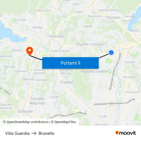 Villa Guardia to Brunello map