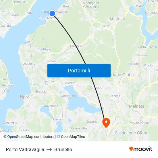 Porto Valtravaglia to Brunello map