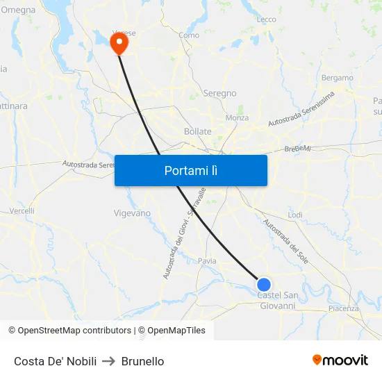 Costa De' Nobili to Brunello map