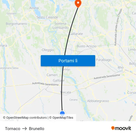 Tornaco to Brunello map