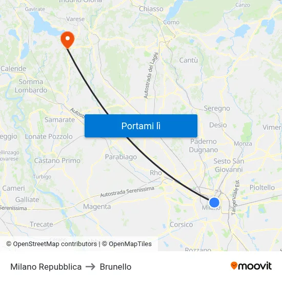 Milano Repubblica to Brunello map