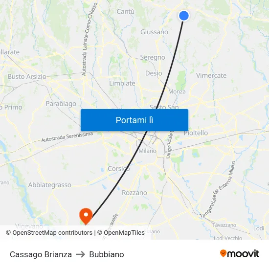 Cassago Brianza to Bubbiano map