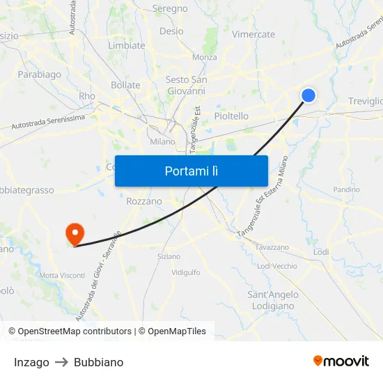 Inzago to Bubbiano map