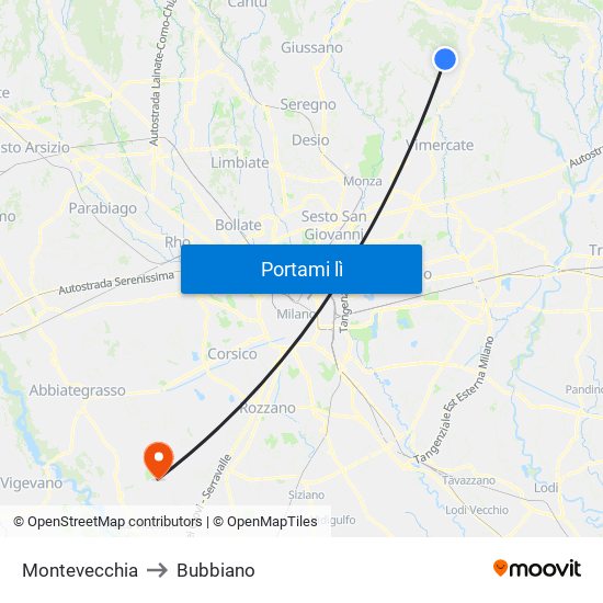 Montevecchia to Bubbiano map