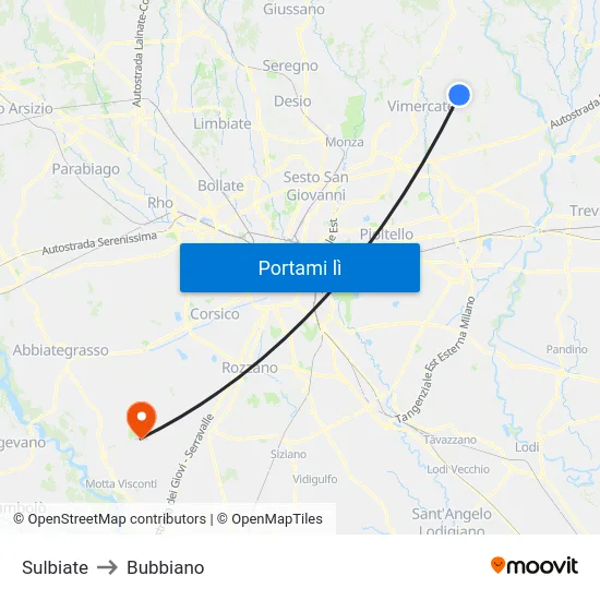 Sulbiate to Bubbiano map