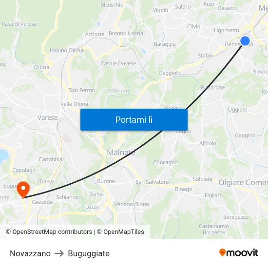 Novazzano to Buguggiate map