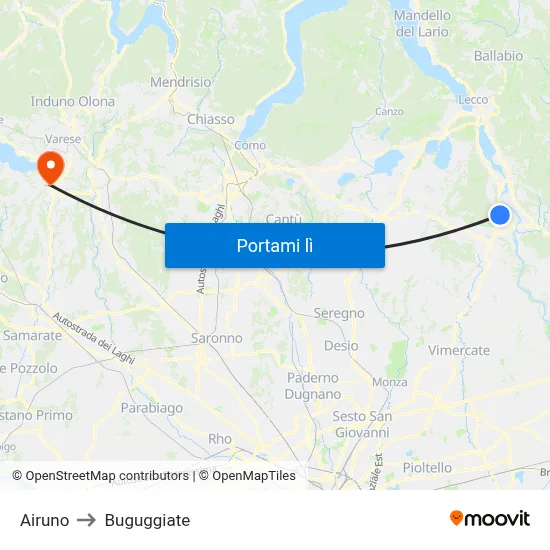 Airuno to Buguggiate map