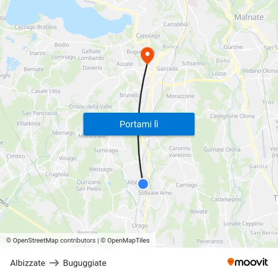 Albizzate to Buguggiate map