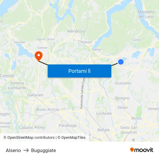 Alserio to Buguggiate map