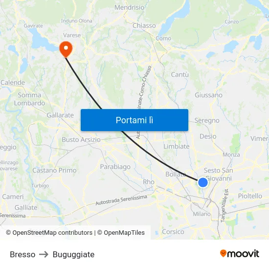 Bresso to Buguggiate map