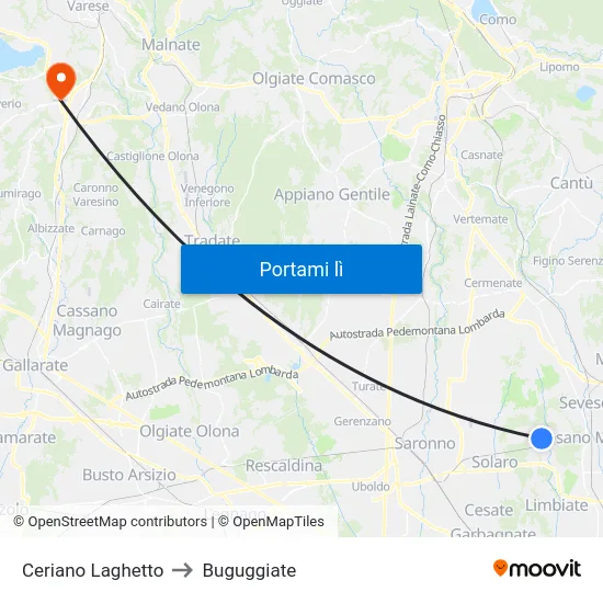 Ceriano Laghetto to Buguggiate map