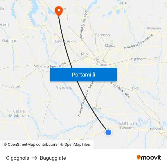 Cigognola to Buguggiate map