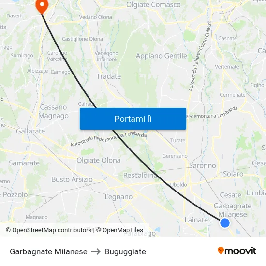 Garbagnate Milanese to Buguggiate map