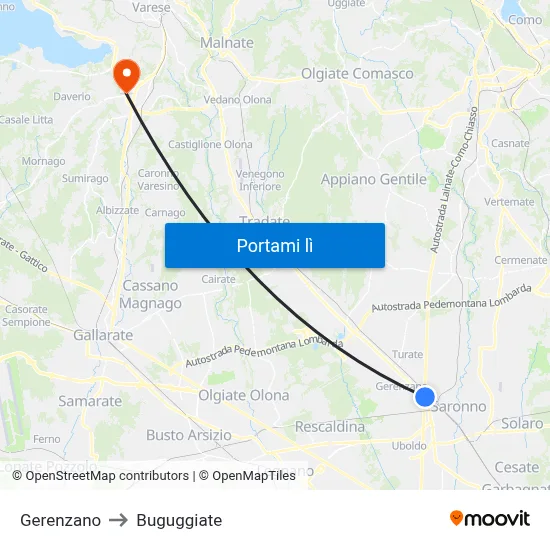 Gerenzano to Buguggiate map
