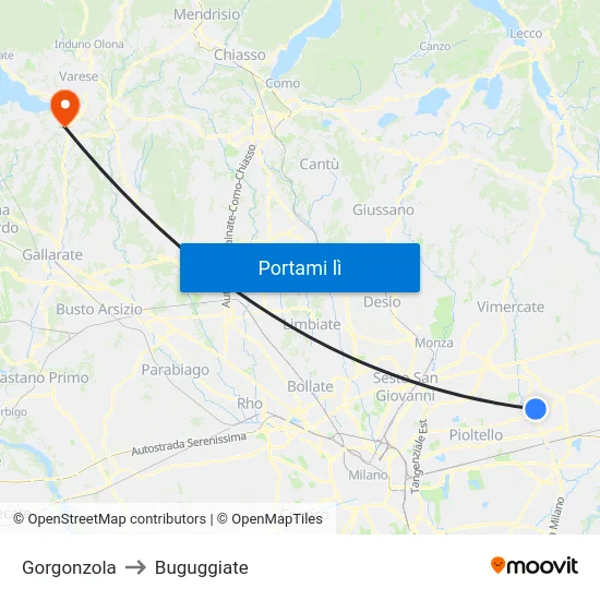Gorgonzola to Buguggiate map