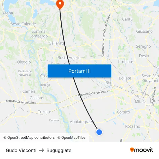 Gudo Visconti to Buguggiate map