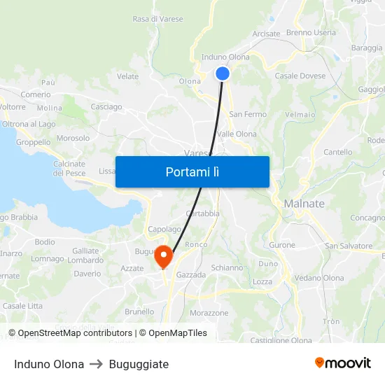 Induno Olona to Buguggiate map