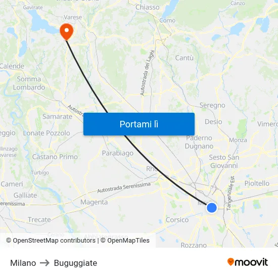 Milano to Buguggiate map