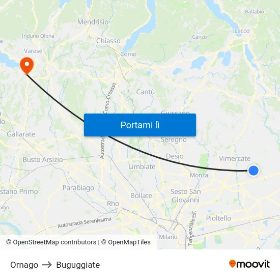 Ornago to Buguggiate map
