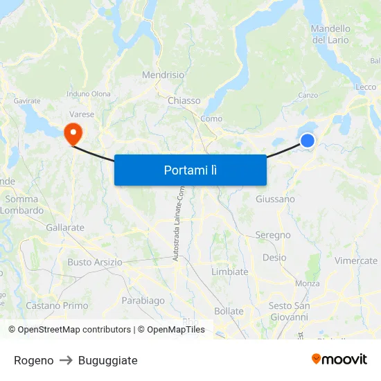Rogeno to Buguggiate map