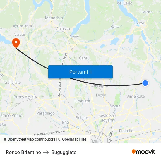 Ronco Briantino to Buguggiate map