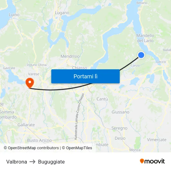 Valbrona to Buguggiate map