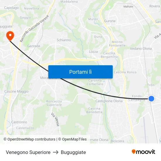 Venegono Superiore to Buguggiate map