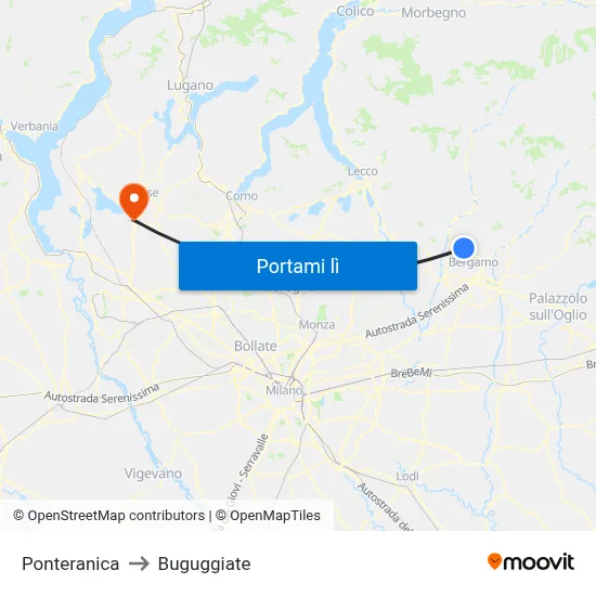 Ponteranica to Buguggiate map