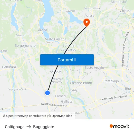 Caltignaga to Buguggiate map