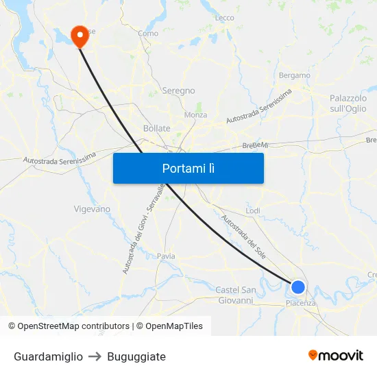 Guardamiglio to Buguggiate map