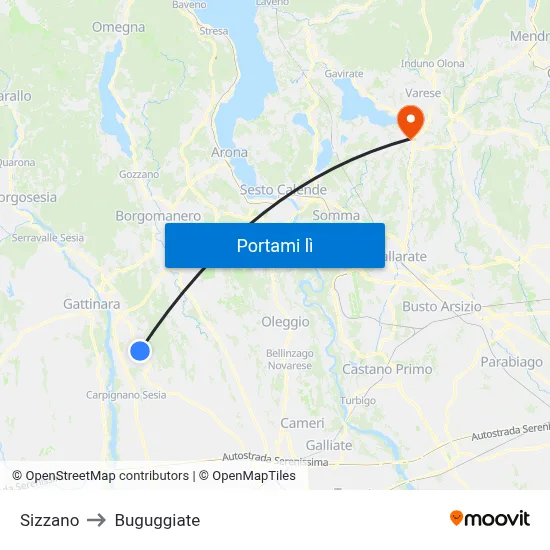 Sizzano to Buguggiate map