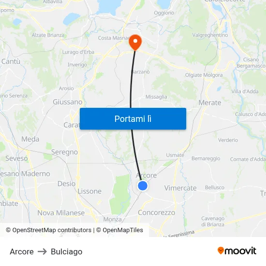 Arcore to Bulciago map
