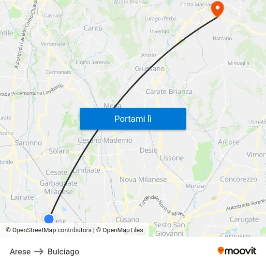 Arese to Bulciago map