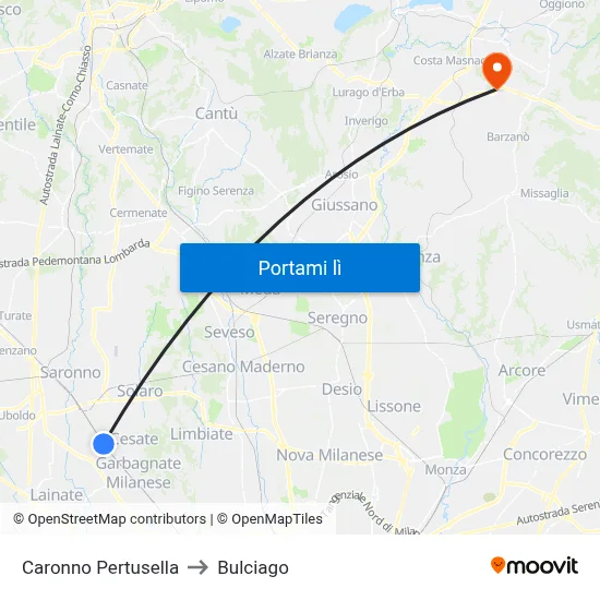Caronno Pertusella to Bulciago map