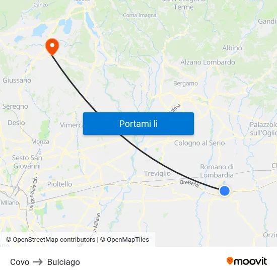 Covo to Bulciago map