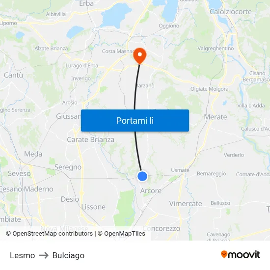 Lesmo to Bulciago map