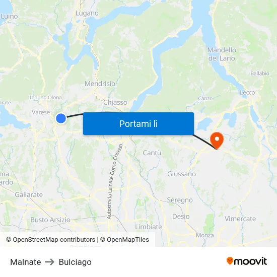Malnate to Bulciago map