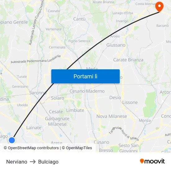 Nerviano to Bulciago map