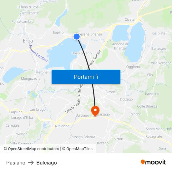 Pusiano to Bulciago map