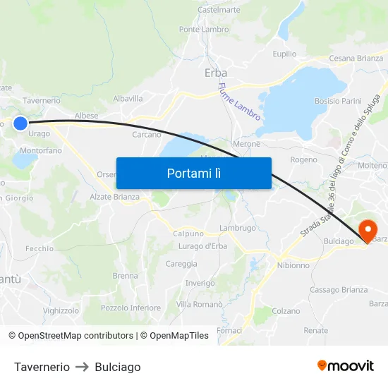 Tavernerio to Bulciago map