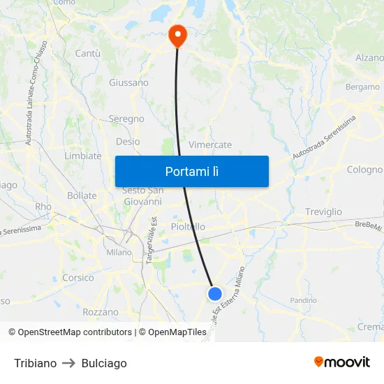 Tribiano to Bulciago map