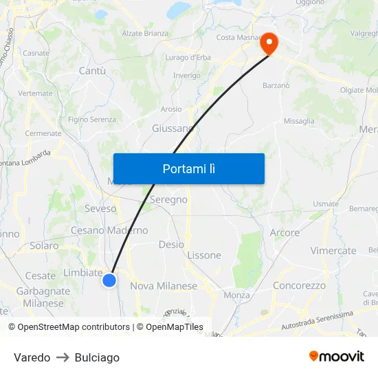 Varedo to Bulciago map