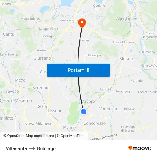Villasanta to Bulciago map