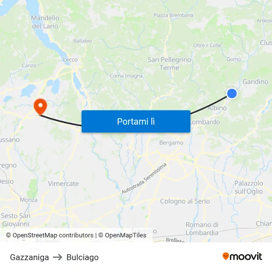 Gazzaniga to Bulciago map