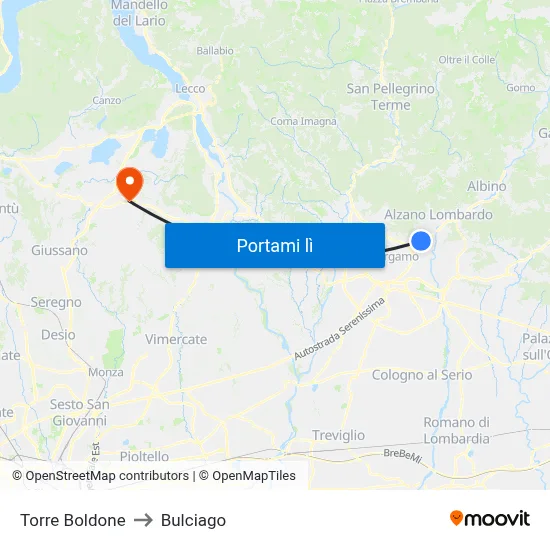Torre Boldone to Bulciago map