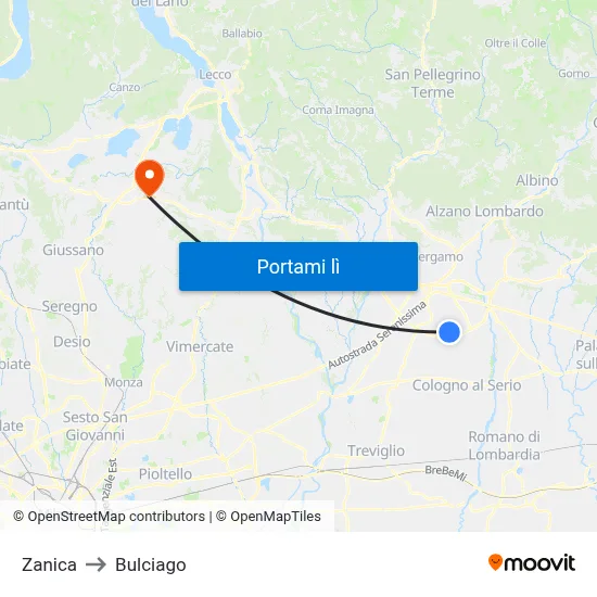 Zanica to Bulciago map